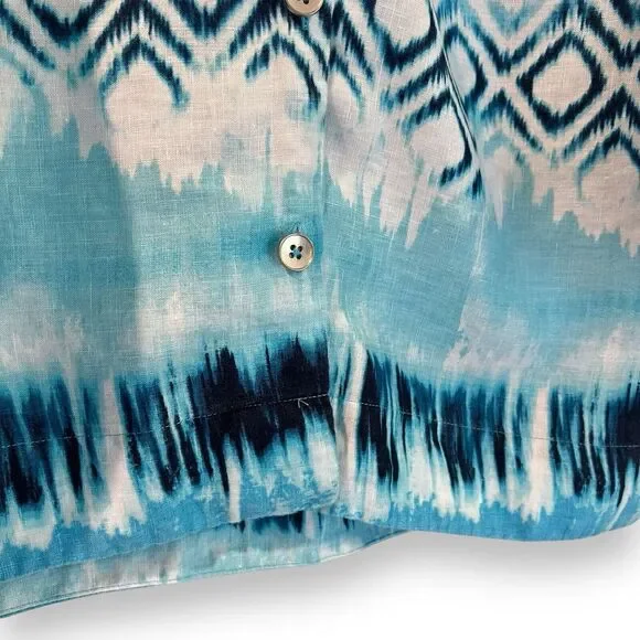 Jones New York 100% Linen Button Up Shirt M Blue Ikat 3/4 Sleeve Coastal Boho - Picture 3 of 7